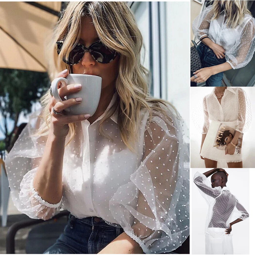 Новинка хит летняя прозрачная блузка женские сетчатые блузки в горошек топы