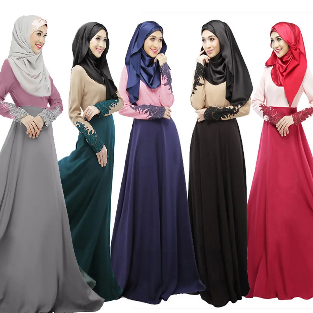 

Dubai kaftan Dress muslim dress for women 2019 Muslim Single Layer Long Skirt Cuffs Lace Color Matching Worship Service Dress