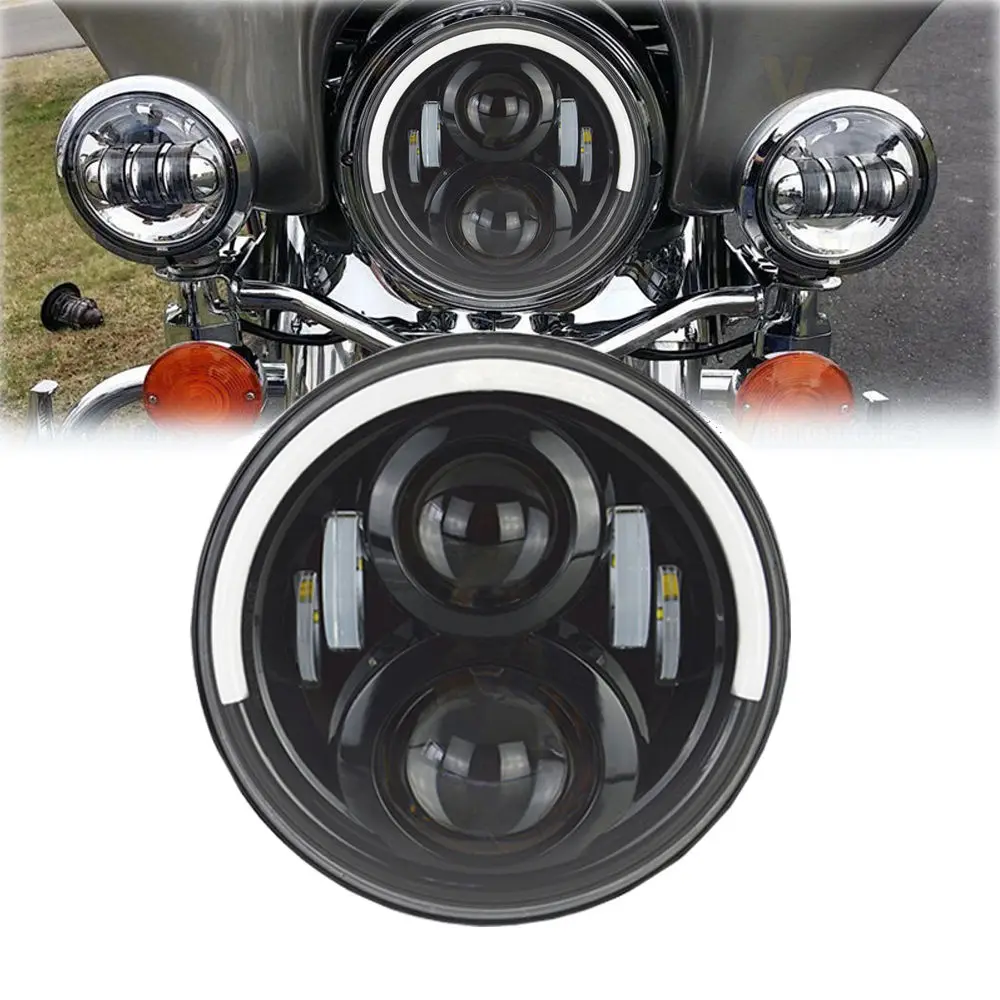 

7-дюймовая светодиодная фара, проектор Halo DRL для Touring Electra Glide Softail Deluxe Trike Round