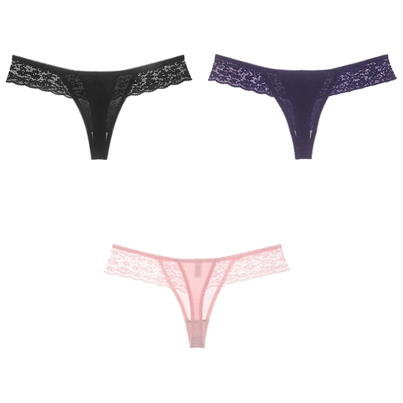 black blue pink 3 шт., сексуальное кружевное женское нижнее белье, хлопковые женские трусики с Т-образной спинкой, одноцветные мягкие кружевные стринги для женщин, бесшовные хлопковые стринги - Цвет: black blue pink