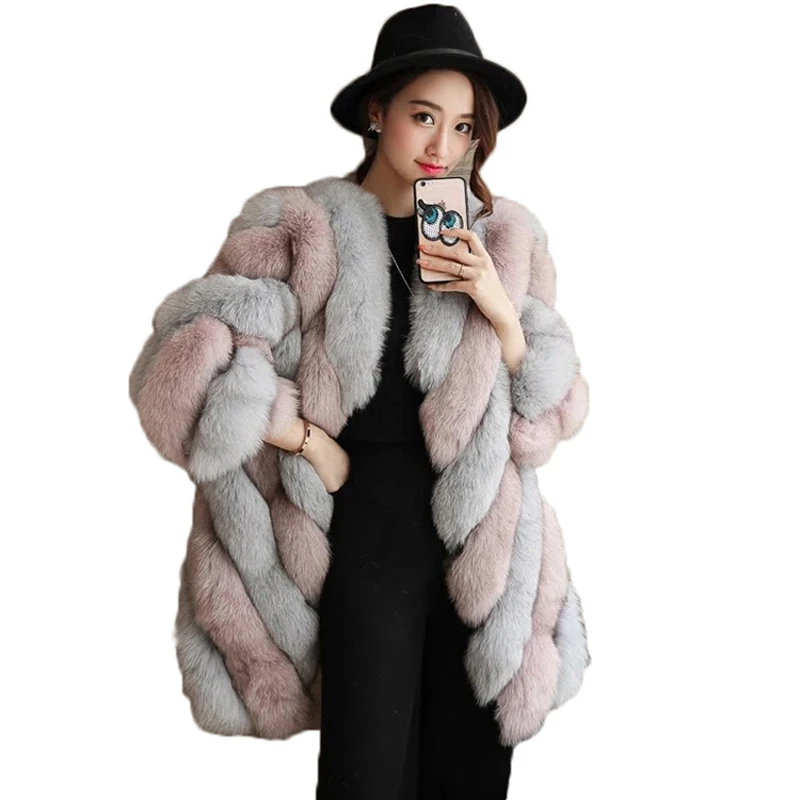 

Savabien 2019 Winter Long Faux Fur Coat Mixed Color Slim Fluffy Fake Fur Jacket Luxury Cardigan Female Fur Coats Warm Outerwear