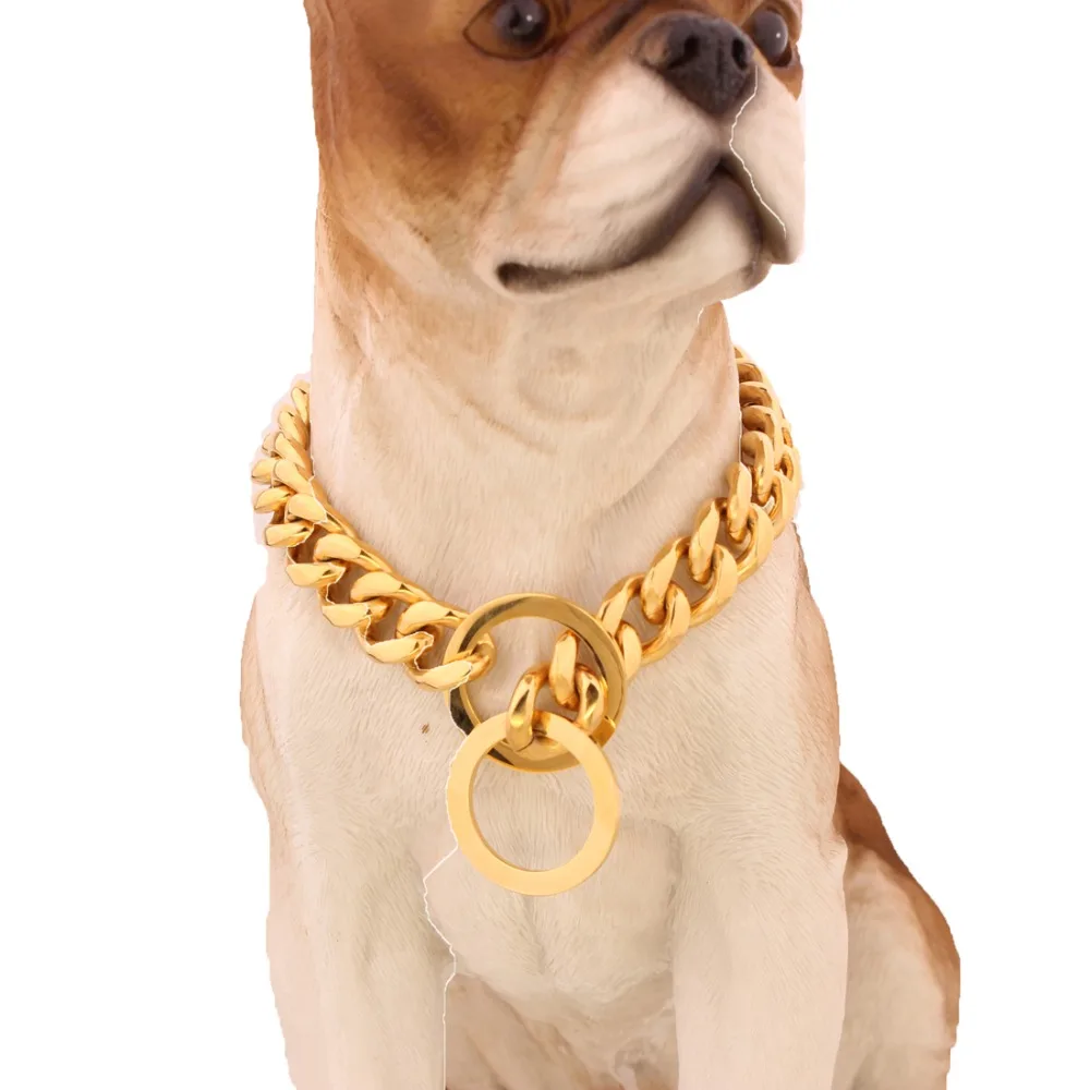 

10"-40" For Choose High Polished Round Link 15mm Gold Stainless Steel Curb Cuban Link Chain Dog's Necklace Pet Jewelry