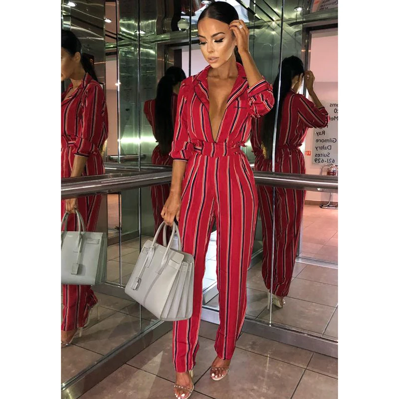 Sexy Stripe Jumpsuit Romper Women deep v neck long playsuit Boho beach jumpsuit female overalls | Женская одежда