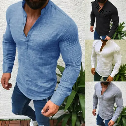 

Рубашка мужская приталенная с коротким рукавом, Повседневная Блузка, топ в обтяжку, однотонная льняная рубашка, одежда на лето