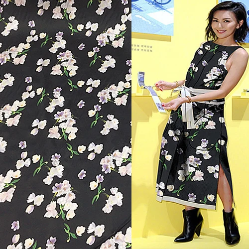 Удивительный Цветочный принт на черном фоне 100% чистого шелка атласная шелковая