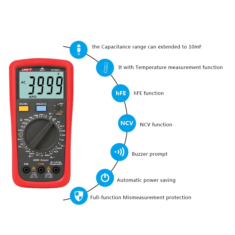 Портативный цифровой мультиметр Φ UT39C + 1999 обратный ток 20 А Ом Кепка тестер