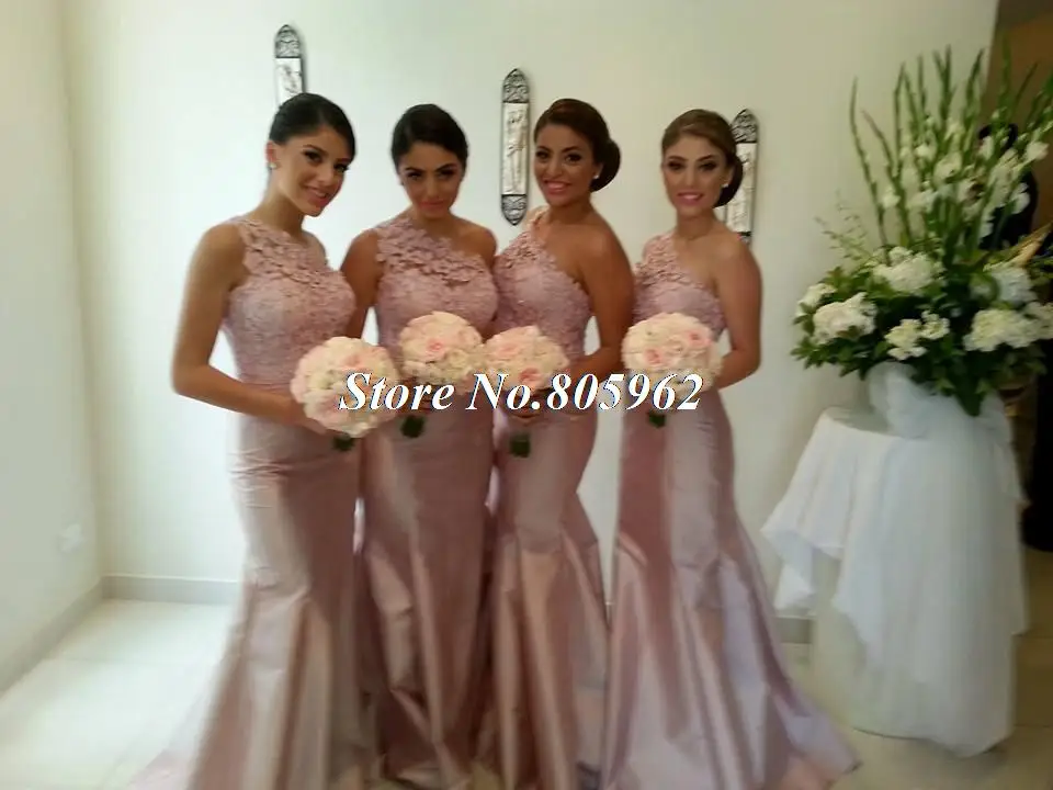 Розовый Русалка Невесты Платья для свадьбы Тафты Одно плечо Кружева Длина Пола