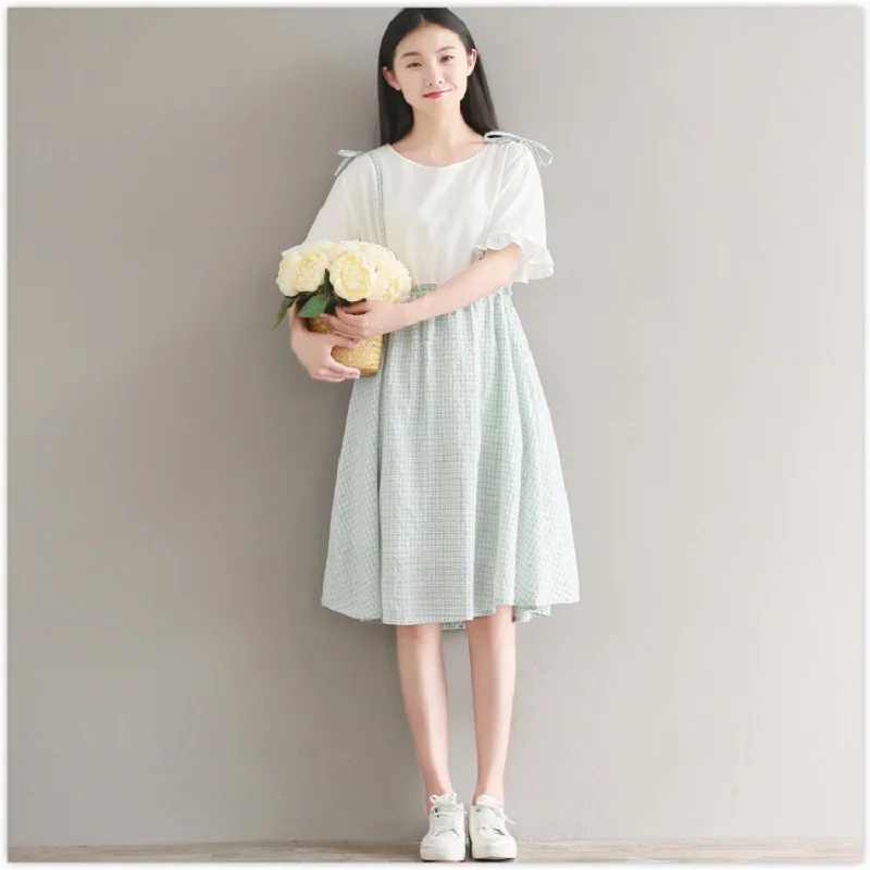 Mori Girl летнее женское милое платье круглый воротник лоскутный плед vestidos De Festa