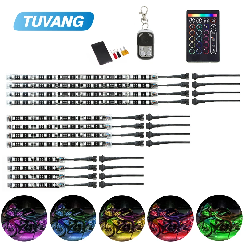 

12Pcs Motorcycle Underbody RGB Led Light Kit Strips Car Multi-Color Accent Glow Neon Flashing Lights Lamp with Wireless Remote