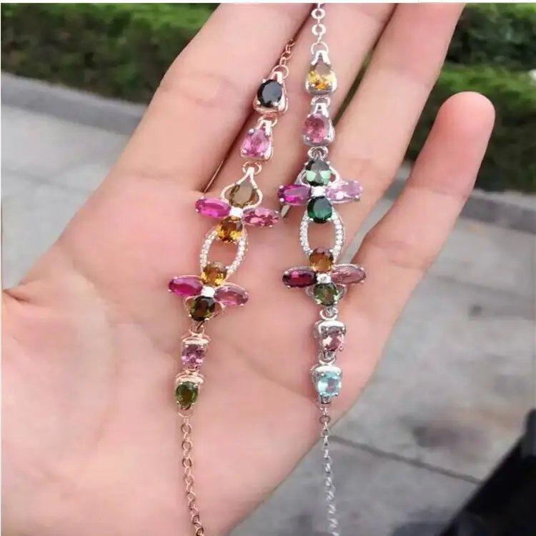 Chain bracelet Free shipping Natural and real tourmaline 925 sterling silver Fine jewelry gems 4*6mm 12pcs | Украшения и
