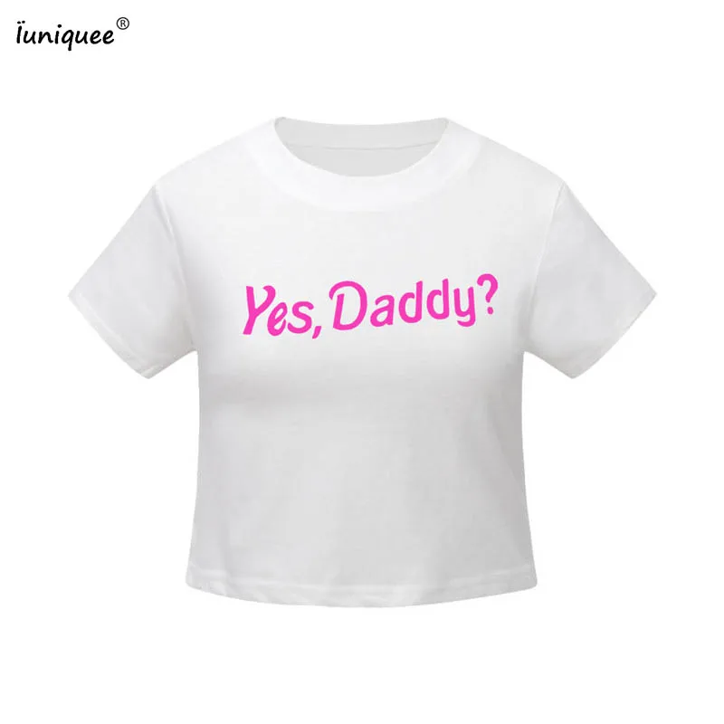 Женский летний Японский милый розовый укороченный топ с принтом Yes Daddy хлопковый
