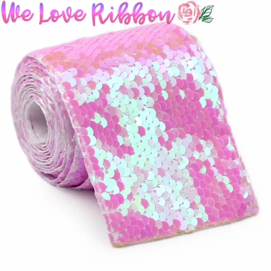3"75mm Double Color Reversible Sequin Ribbo Matt Silver Hair Bowknots Making Lt. Blue Pink DIY Wedding Dress 2yards/roll | Дом и сад