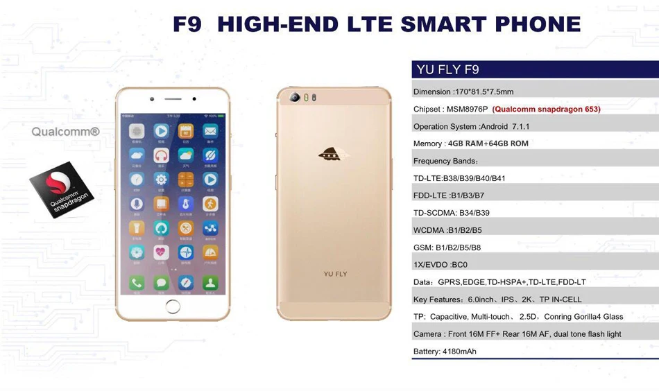 YU FLY F9 6,0 ''2 K 2560 × 1440 FHD экран 4 Гб+ 64 Гб Snapdragon 653 смартфон Восьмиядерный 4G TLE отпечаток пальца 4180 мАч мобильный телефон