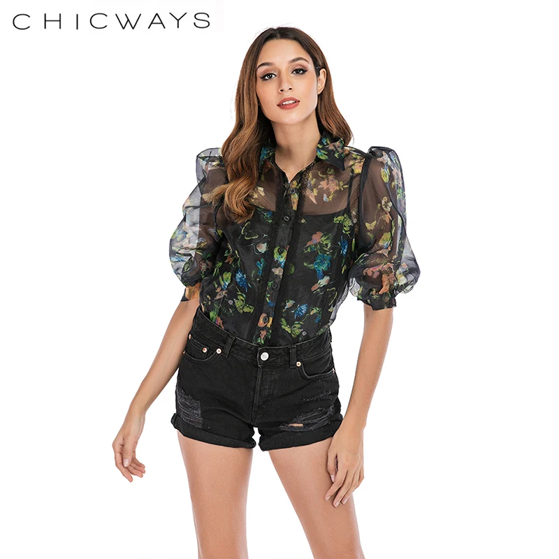 Chicways женские рубашки из органзы с цветочным принтом и пышными рукавами кружевные