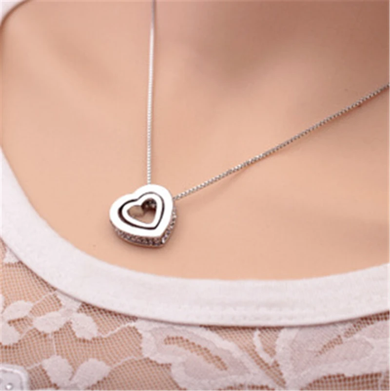 Double Love Heart Necklace in Chain Necklaces Sliver Rose Gold Color Alloy Crystal Pendant for Mother's Day Gift | Украшения и
