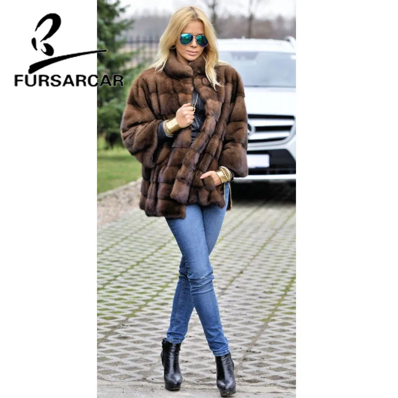 FURSARCAR 2021 Real Mink Fur Coats Women With Fur Collar Detachable Sleeve Cuff Side Bifurcation Jacket Female Mink Fur Coat