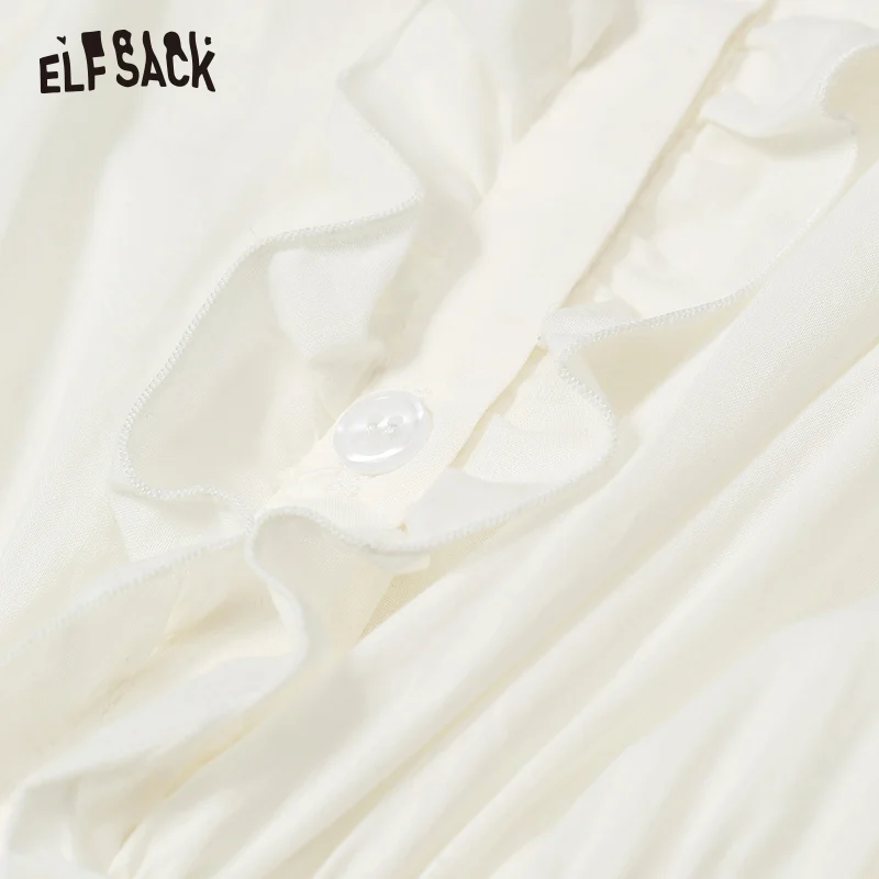ELFSACK хлопковое милое Белое Женское платье для вечеринки, элегантные однотонные женские платья с пышными рукавами, модные женские платья с оборками со средней талией