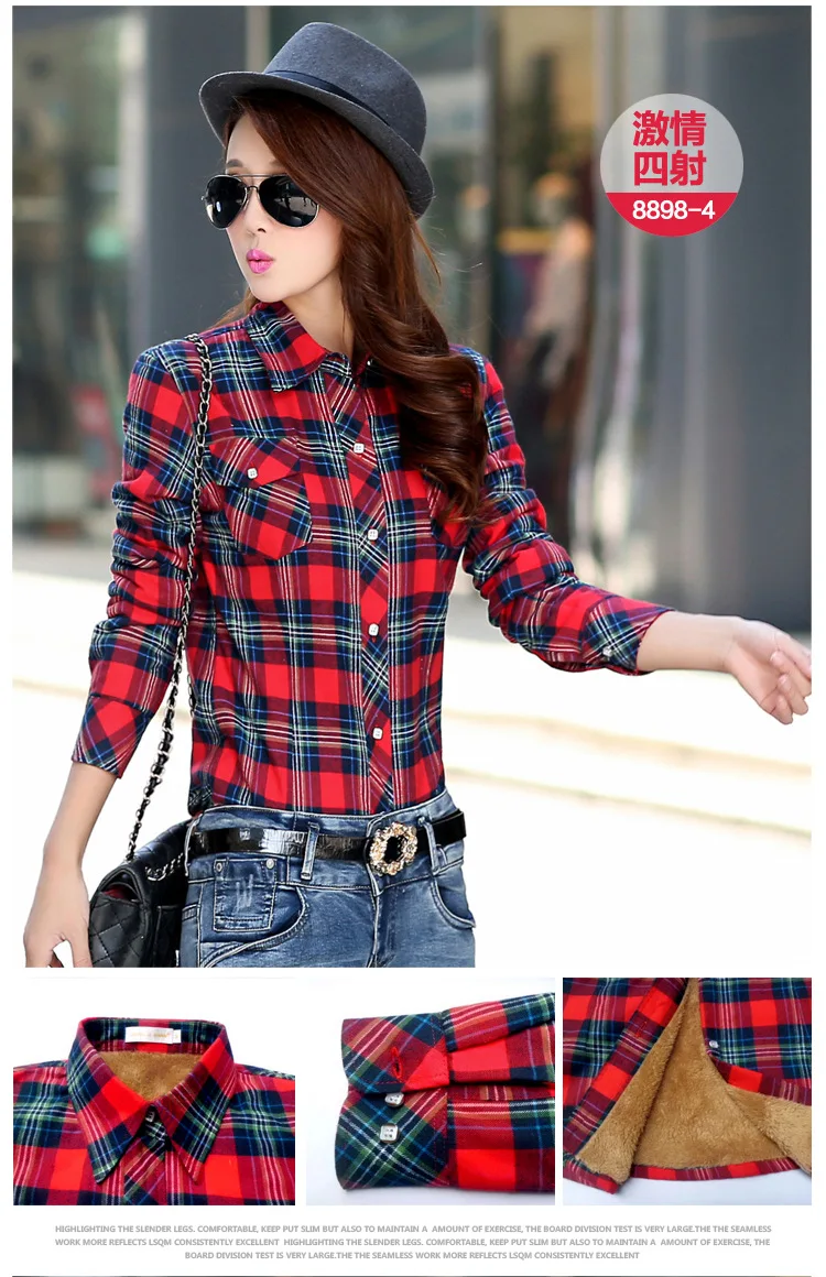 Зимние теплые блузки женские осенние Топы пальто Camisa Femininas с длинным рукавом Толстая бархатная фланелевая рубашка в клетку рубашки полный хлопковый топ
