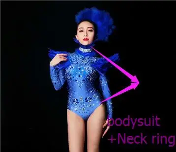 bodysuit Neck ring Синее Перо боди со стразами с леггинсами сексуальный ночной клуб бар леди вокальное шоу сценический наряд вечерние костюм для танцев выступлений - Цвет: bodysuit Neck ring