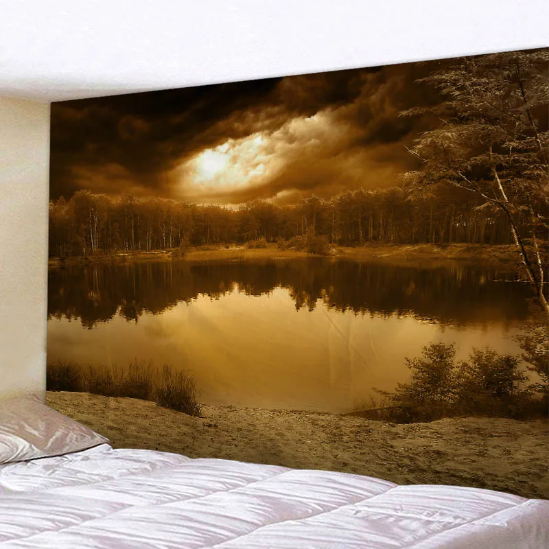 

Digital Printing Stereoscopic view of the lake in the evening Patten Tapestry Sandy Beach Picnic Towel