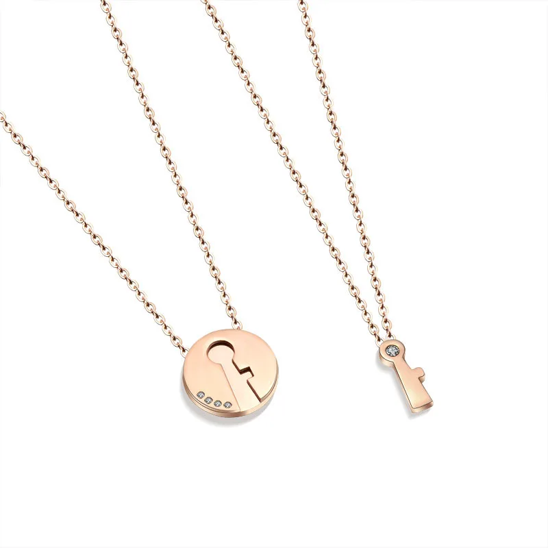 

Hot Sale Key & Round Rose Gold Color / Silver Color / Gold Color Titanium Steel Lovers' Necklaces