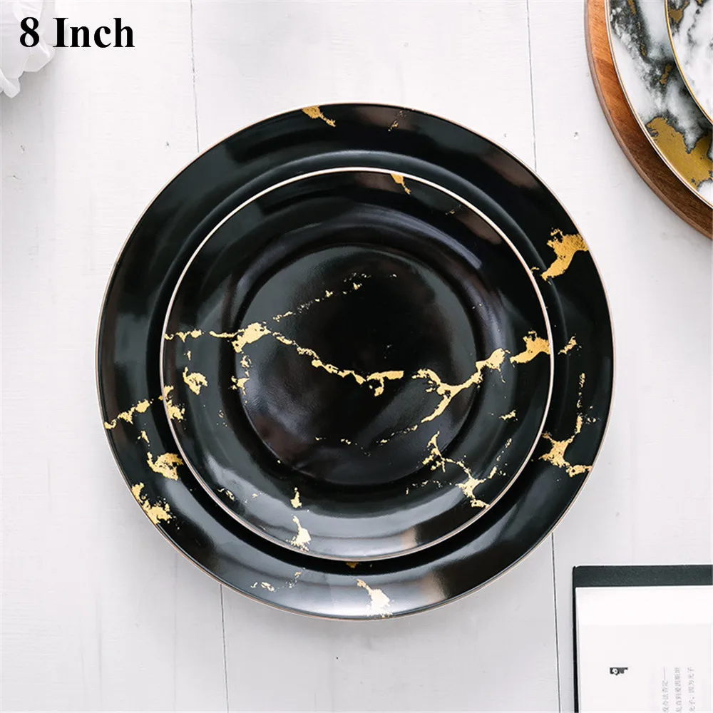 Black 8 inch Мраморная обеденная тарелка в скандинавском стиле, 8 дюймов, 10,5 дюймов, золотой, черный, серый, набор посуды с инкрустацией, десертная тарелка, столовая посуда, блюдо для торта, десертные подносы - Цвет: Black 8 inch