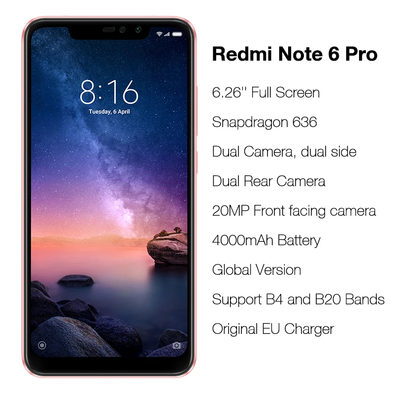 Xiaomi Redmi Note 6 Pro 3 ГБ 32 глобальная Версия Мобильный телефон 26 &quotполный экран Snapdragon 636
