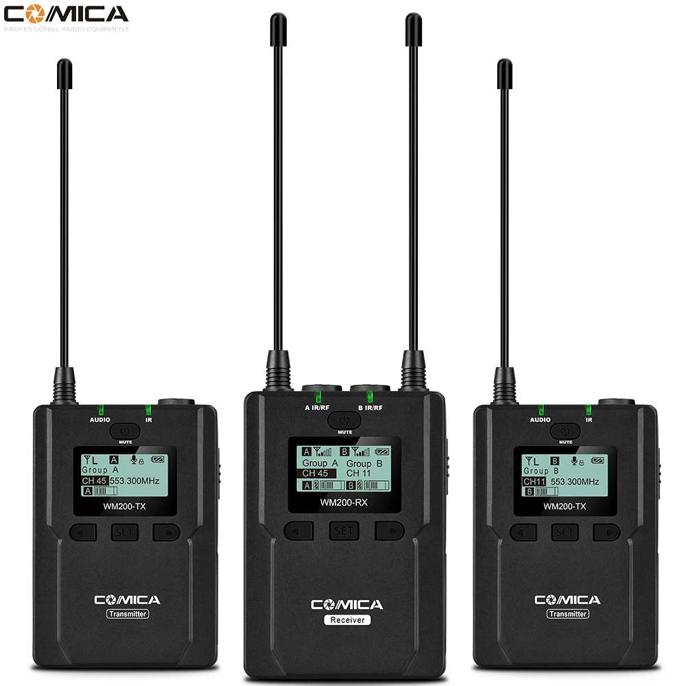 

COMICA CVM-WM200A/C UHF 96 каналов металлический беспроводной моно/стерео петличный микрофон для интервью 120 м Плавная запись для Canon