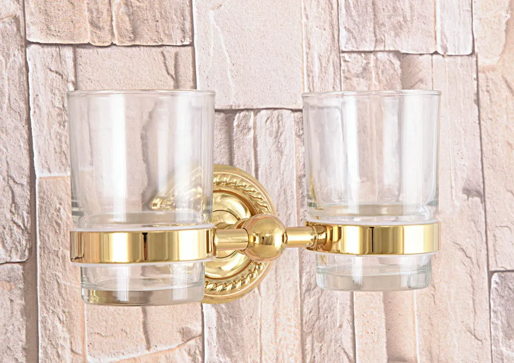 

Wall Mounted Luxury Gold Color Brass Bathroom Toothbrush Holder Set Bathroom Accessory Dual Clear Glass Cup mba600