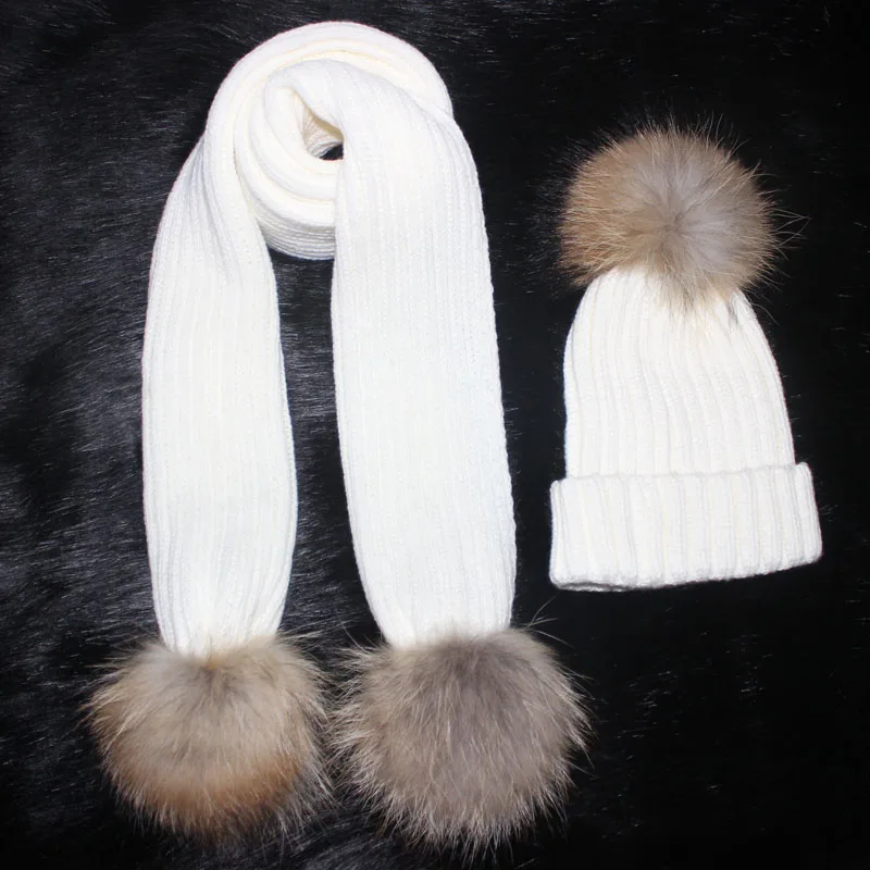 

Female knitted 180cm long Scarf and Hat Set Luxury Winter Warm Crochet Hats and scarves with Real fur pom Beanie Hat for Women