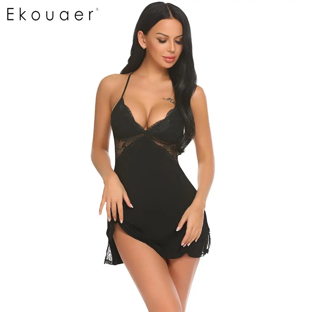 Black Ekouaer Нижнее белье Ночное платье пикантная Кружевная комбинация ночная рубашка Женская сорочка Сорочка ночная рубашка с стринги женские пижамы - Цвет: Black