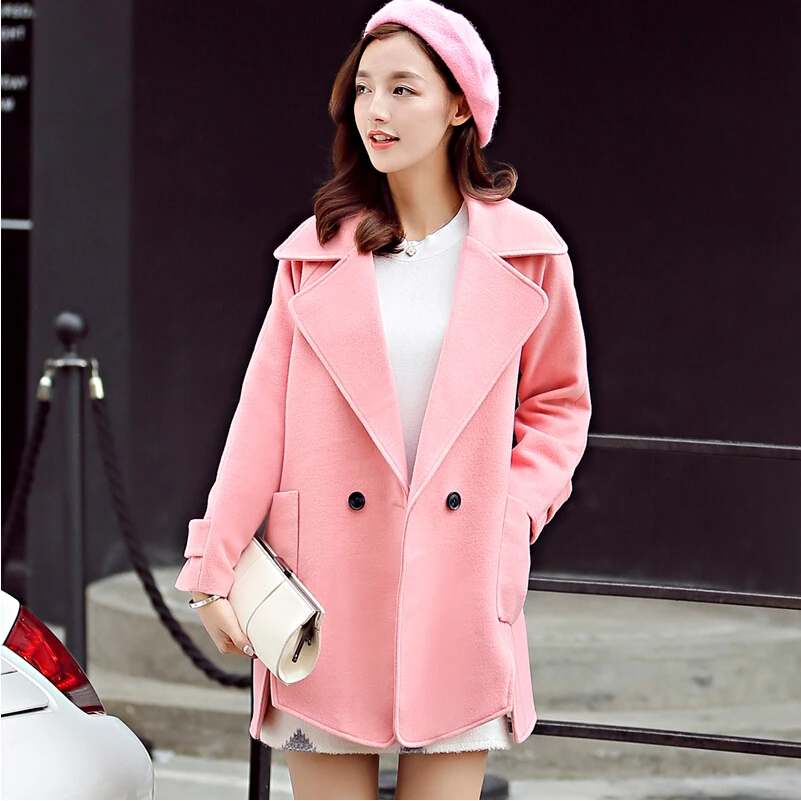 2017 осенне зимнее Новое корейское тонкое женское Шерстяное Пальто однотонное