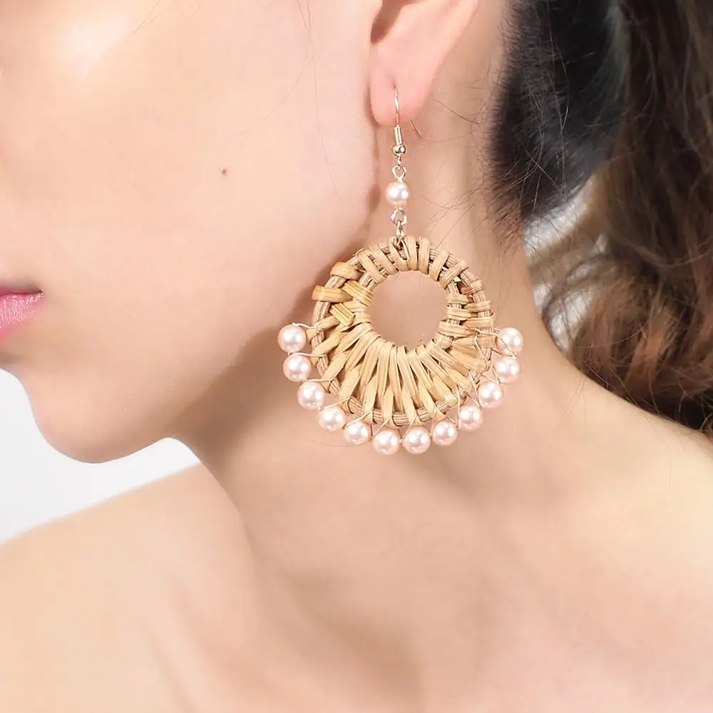 MANILAI модные плетеные серьги из ротанга с жемчугом для женщин богемные ручной