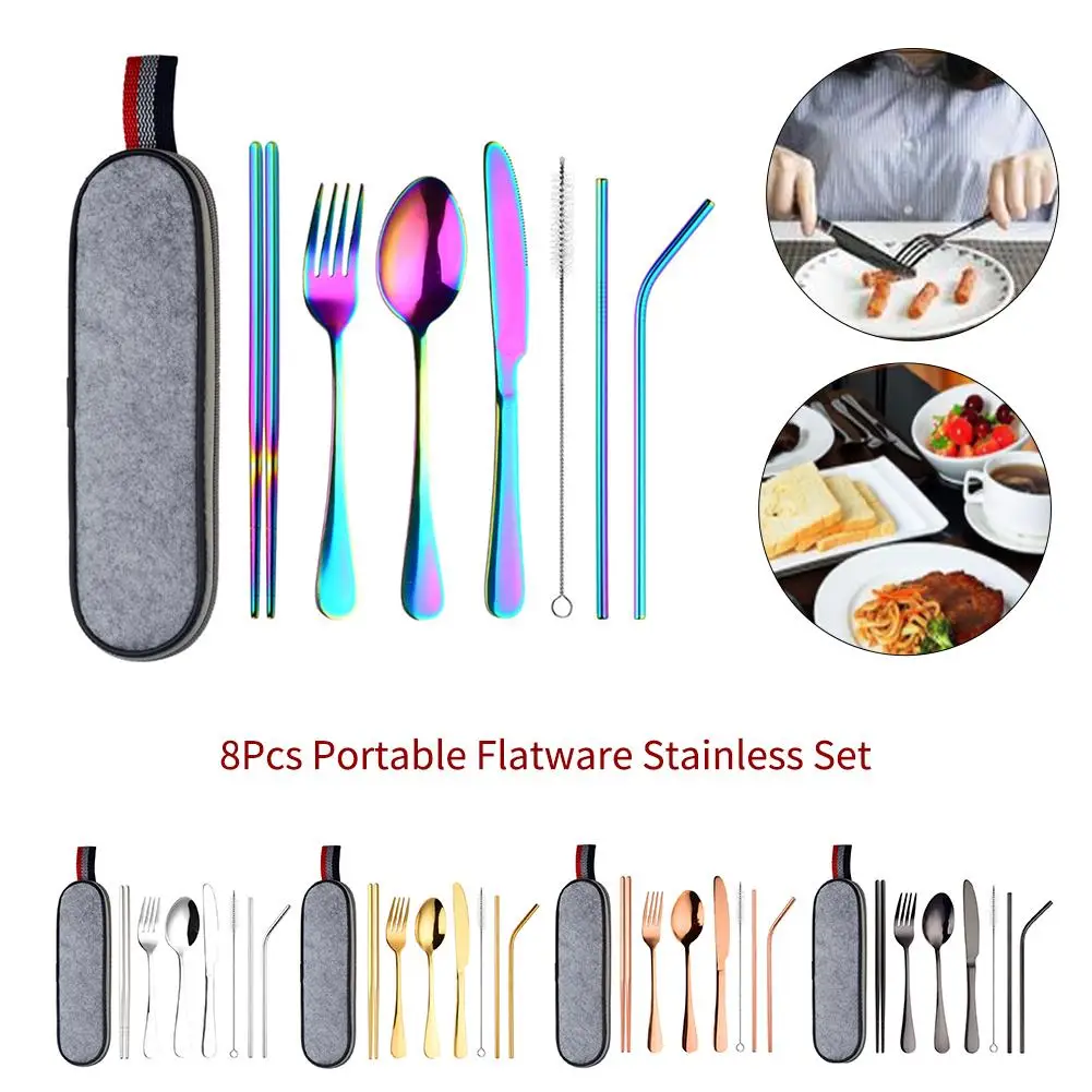 8Pcs Portable Flatware Stainless steel Spoon Chopsticks Cleaning Brush Set Silverware Travel Utensils Set with Case Straw