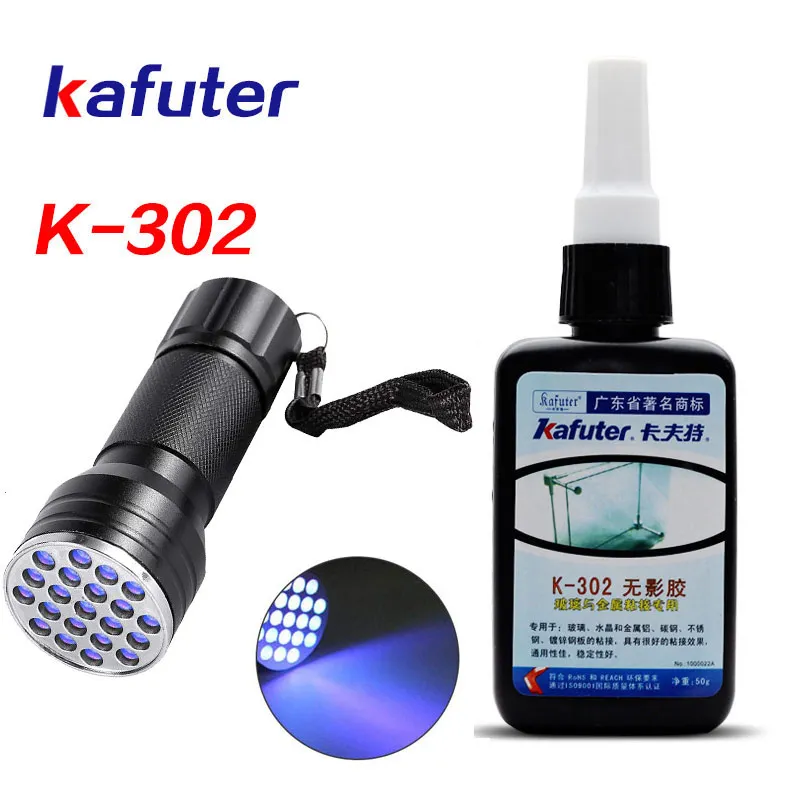 Forte 50ml Kafuter UV Colla UV UV Polimerizzazione Adesivo K-302 + 21 LED UV Torcia Elettrica UV UV Polimerizzazione Adesivo di Cristallo di Vetro e Incollaggio Metallo