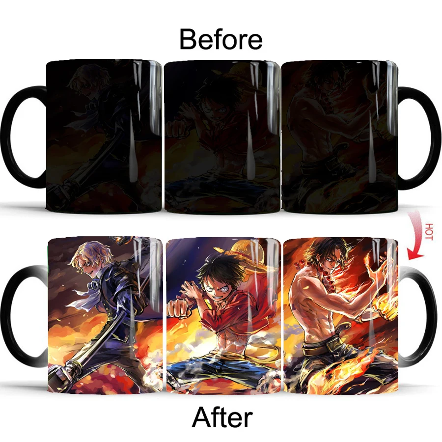 Одна штука кружки luffy sabo ace кружка горячая холодная тепло раскрывает путешествия волшебные цвета меняющие кружки чашки лучший подарок для ваших друзей
