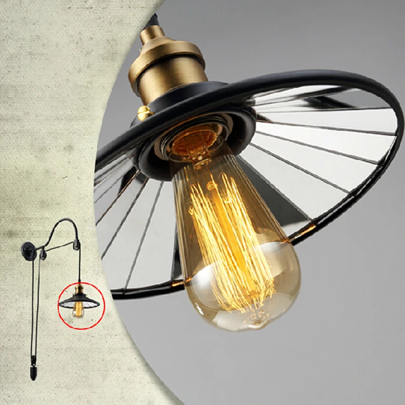 Koop Zwarte Retro Vintage Verstelbare Katrol Lengte Ijzer Glas Reading Wandlampen E27 Led-verlichting Blaker Voor Badkamer Slaapkamer Kantoor Bar