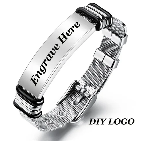 Silver DIY logo V. YA модный Индивидуальный Черный мужской браслет из нержавеющей стали индивидуальный серебряный браслет Выгравированный браслет для мужчин ювелирный подарок - Окраска металла: Silver DIY logo