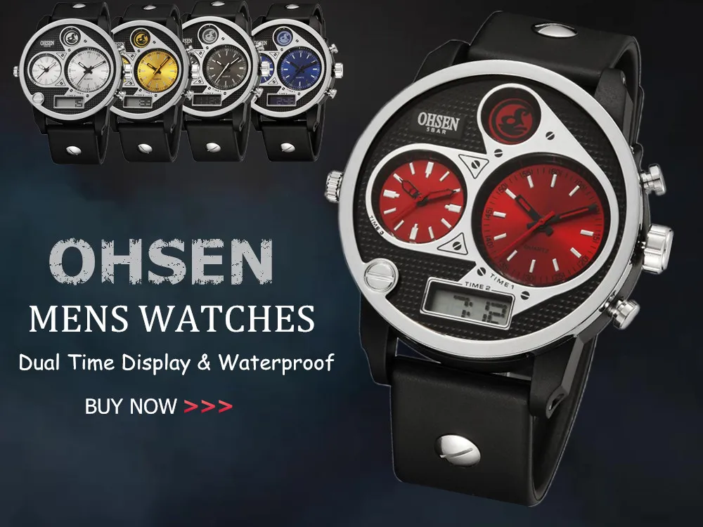OHSEN цифровой бренд кварцевые мужские модные наручные часы montre homme две зоны дисплей резиновый ремешок желтый крутые спортивные водонепроницаемые часы