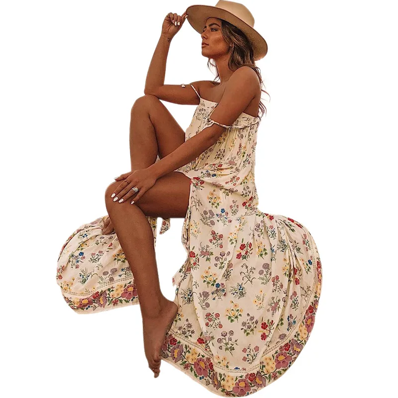 Женское пляжное платье-макси белое Повседневное платье на бретельках с разрезом