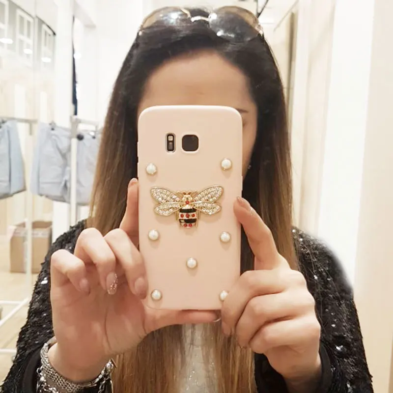 Abbery Soft Phone Case for iPhone X/XR/XS MAX Luxury Brand 3D Metal Pearl Bee Bling Glitter Silicone Back Cover Funda Coque |