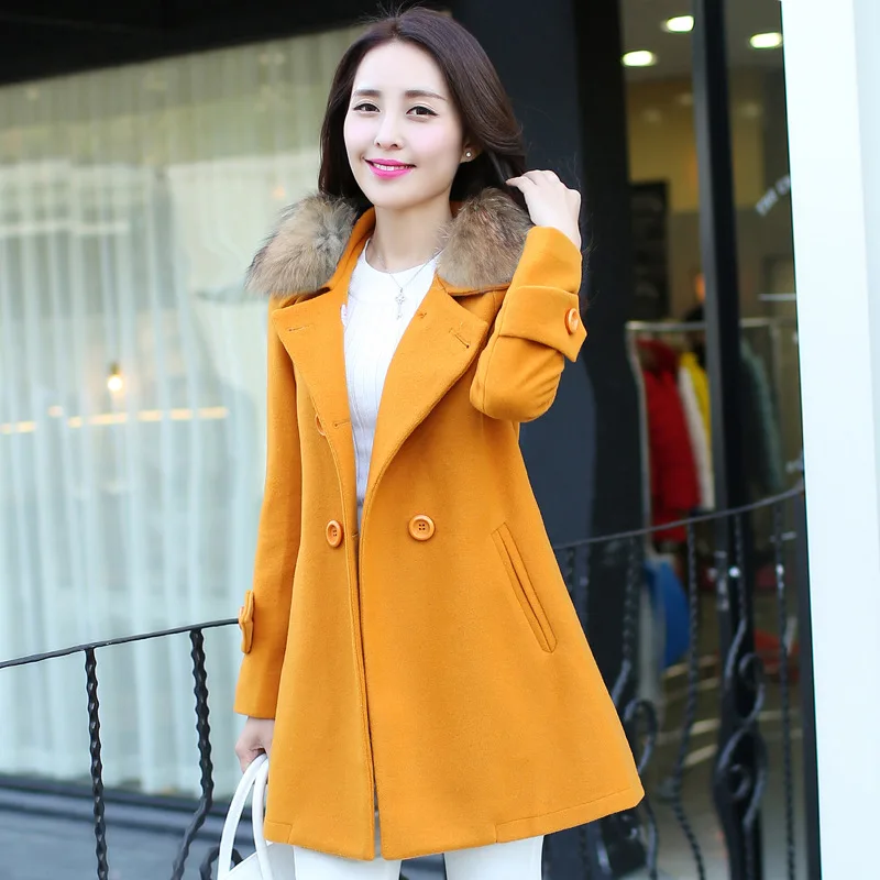 

2020 Fur Turn-Down Collar Cashmere Jacket Wool Manteau Femme Slim Meduim Long Double Breasted Autumn Winter Trench Coat WUJ0439