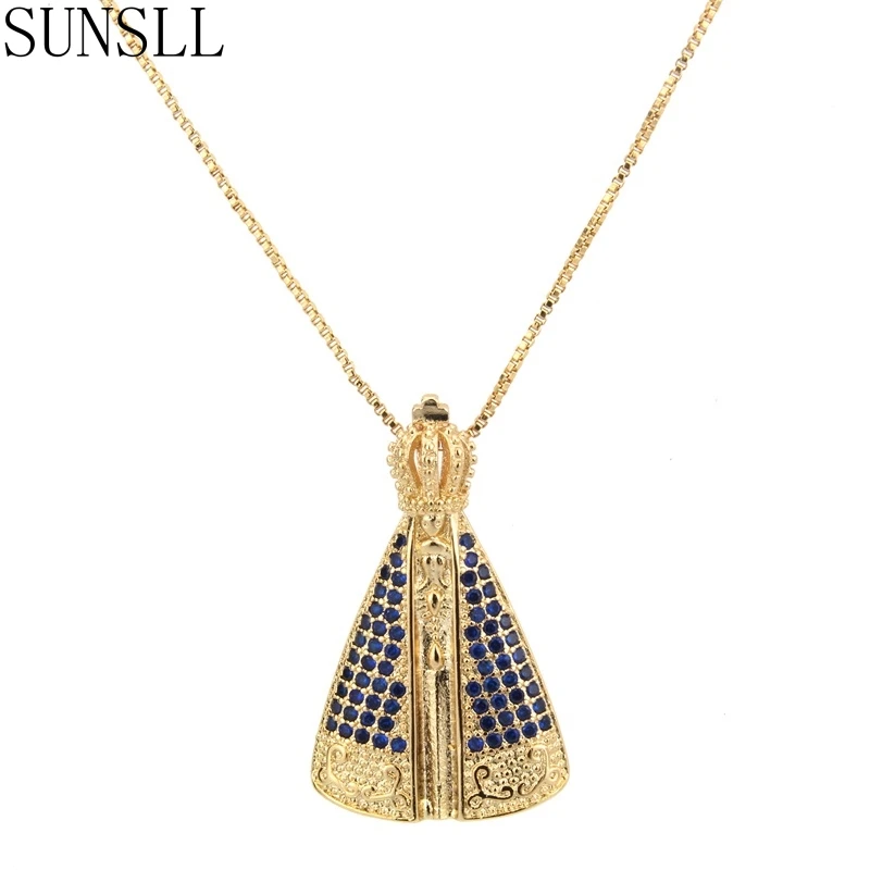 

SUNSLL Handmade Golden Copper Blue Cubic Zirconia Fashion Pendant Necklace Jewelry for Women Gift Party Linda Colar Feminina