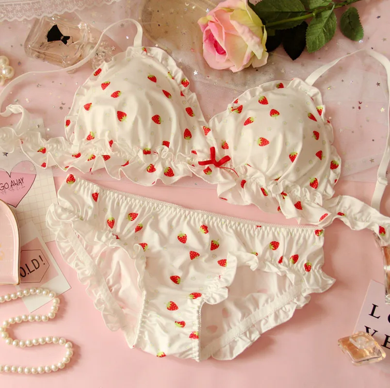 Flower strawberry Японское мягкое милое женское нижнее белье, клубника, сексуальное женское белье, без стального кольца, треугольная чашка, бюстгальтер, тонкий, кошачий, студенческий бюстгальтер - Color: Flower strawberry