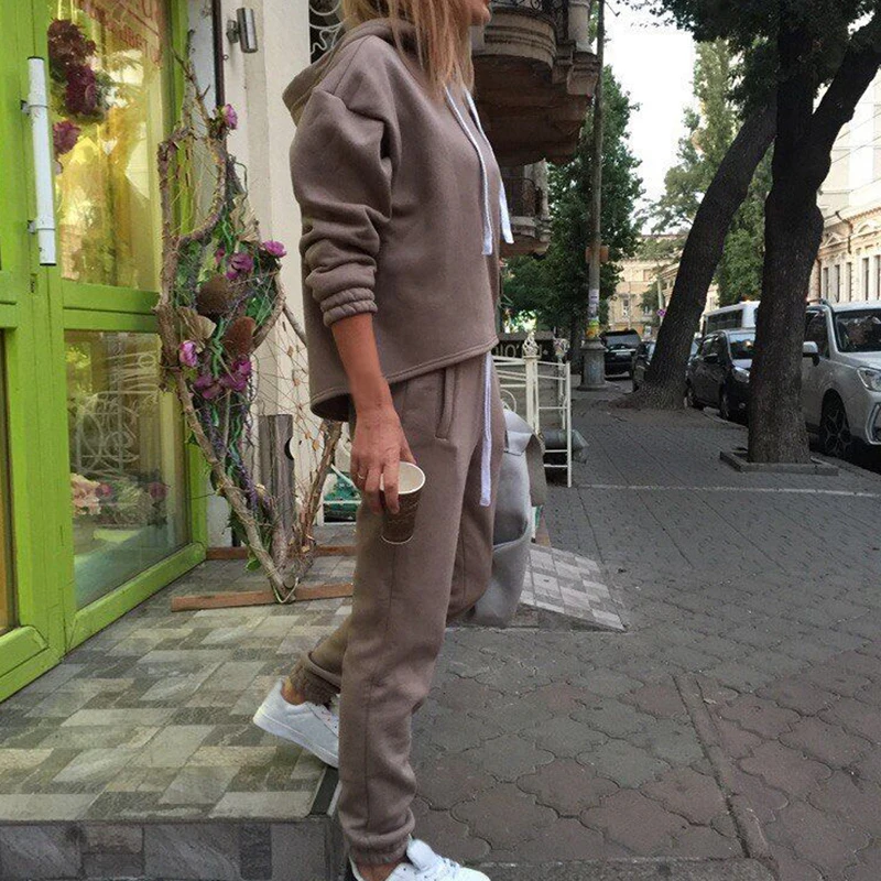 Khaki Vertvie Женский комплект из 2 предметов, однотонный пуловер, толстовки с длинным рукавом, пуловер, толстовка, обтягивающие длинные штаны, спортивный костюм для фитнеса, комплект - Цвет: Khaki