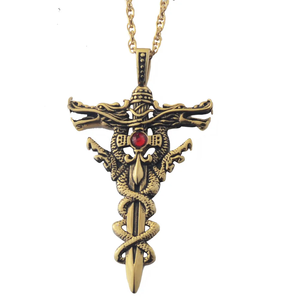 Men's Gold Color Cool Punk Double Dragon Cross Sword Pendant Necklace,Stainless Steel Unique Biker Pendant Necklace,23 " chain