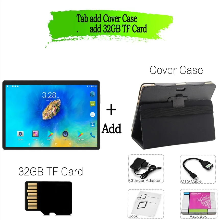 Tab Cover 32GB Card 10 дюймов 3G телефонные звонки Планшеты Android 6,0 Четырехъядерный 4G+ 32G планшетный ПК Встроенный 3G Две sim-карты ноутбук WiFi gps Bluetooth FM tab - Комплект: Tab Cover 32GB Card