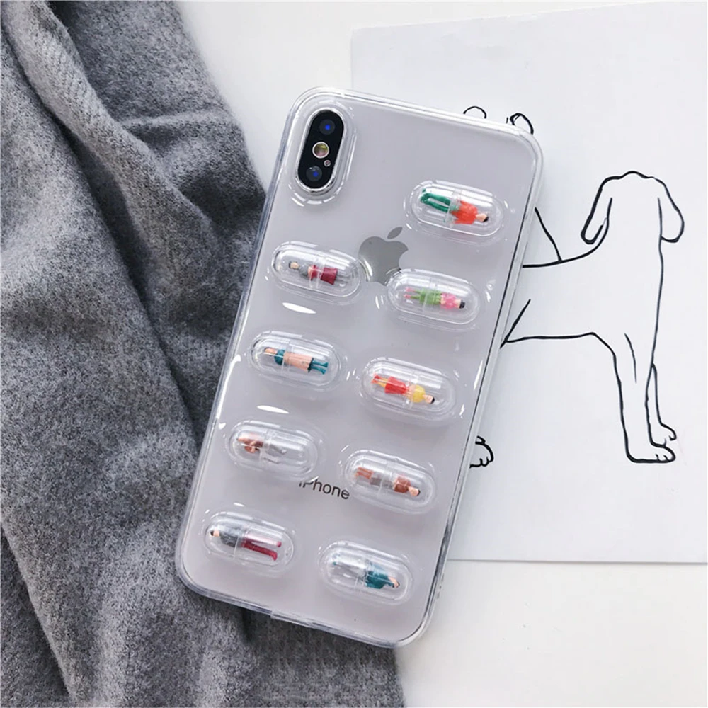 Lovely 3D Pill Capsule Transparent Phone Case for iphone 7 Cartoon Character Soft Back Cover For iPhone 6 6S 8 Plus X 10 |