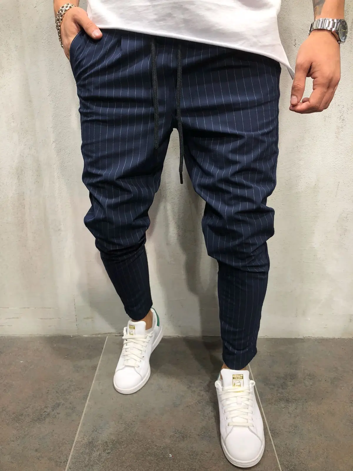 Мужские модные обтягивающие полосатые длинные брюки Slim Fit прямые повседневные