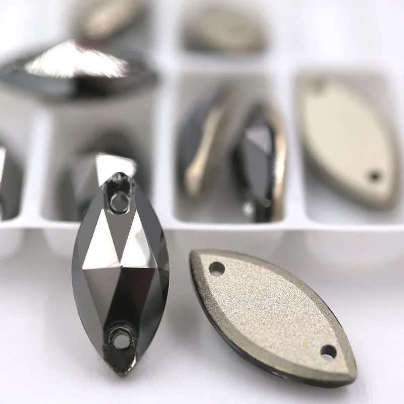 

7x15mm Leaf shape sew on rhinestones Metal black crystal flatback glass rhinestones for diy Wdding dress/clothing accessories